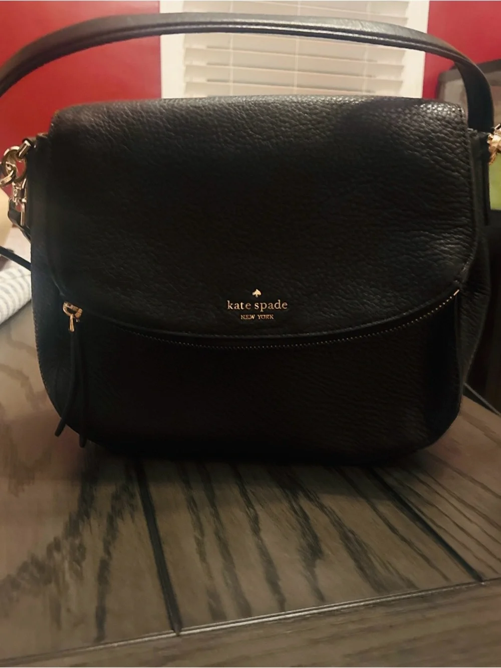 kate spade black pebbled leather shoulder bag with gold logo